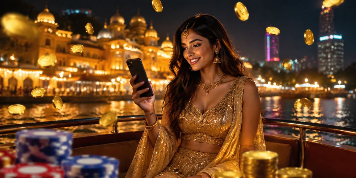 Woman playing mobile lottery games at night market of Lucknow